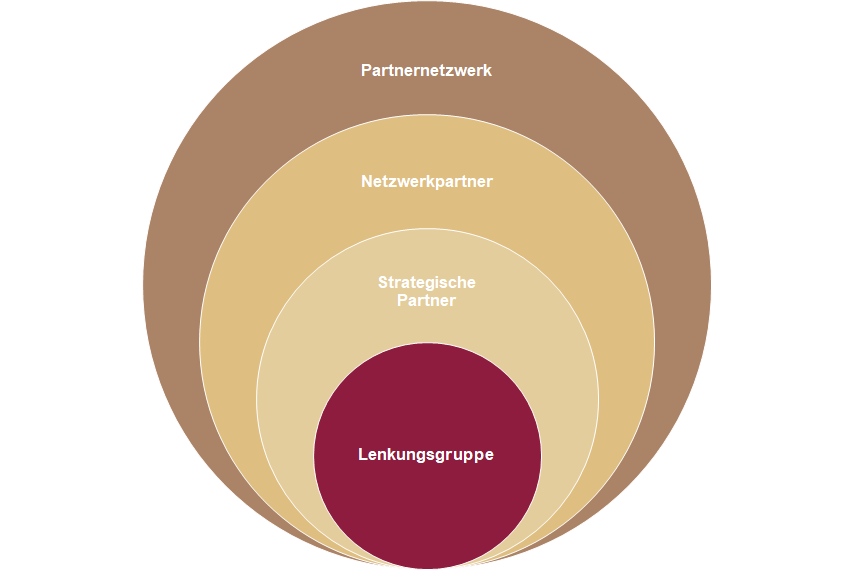 Konzentrische Kreisgrafik mit vier Ebenen von außen nach innen: Partnernetzwerk, Netzwerkpartner, Strategische Partner, Lenkungsgruppe (Kernkreis).