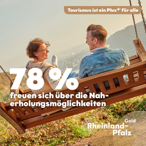 Plus für Naherholung_Instagramformat Kampagnenmotiv Tourismus ist ein Plus für die Naherholung: Ein Mann und eine Frau sitzen auf einer großen Schaukel am Rande eines Weinbergs.