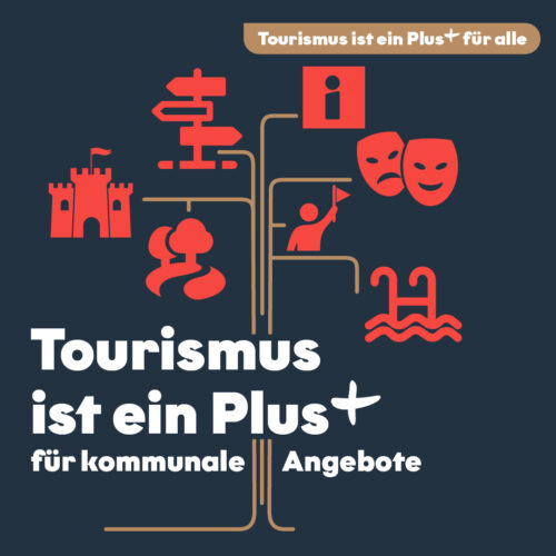 240627 RPT B2B Grafik Plus für kommunale Angebote_Instagram Kampagnenmotiv zum Thema Tourismus ist ein Plus für kommunale Angebot: Grafik mit Symbolen für Kultur, Freizeit und öffentliche Einrichtungen, die verdeutlicht, dass Tourismus kommunale Angebote stärkt und vielfältige Infrastruktur unterstützt.