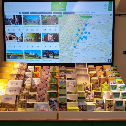 Best Practice Pfalz Tourismus PLus Touristische Informationswand mit digitaler Karte und darunter ausgelegte Broschüren und Flyer.