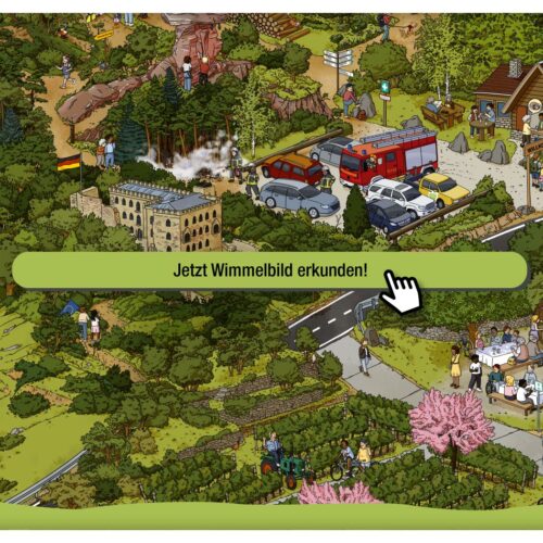 Uffbasse - Wimmelbild ©️ Pfalz Touristik Illustriertes Wimmelbild mit verschiedenen Szenen. Ein Mauszeiger lädt zum Klick auf einen Button zur digitalen Erkundung ein.