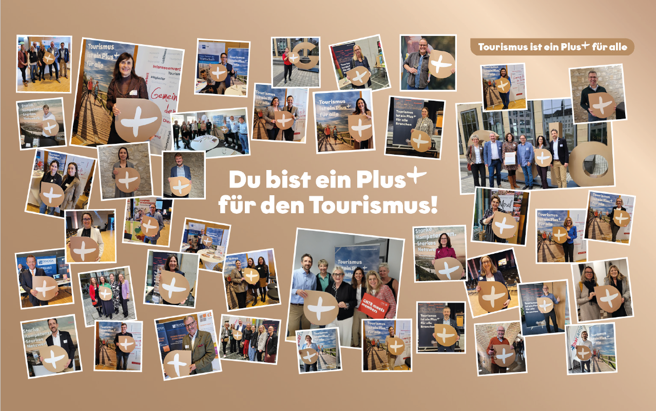 Screenshot 2025-05-26 121841 Collage mit vielen Personen, die jeweils Plus-Zeichen halten und dem Text „Du bist ein Plus für den Tourismus!“