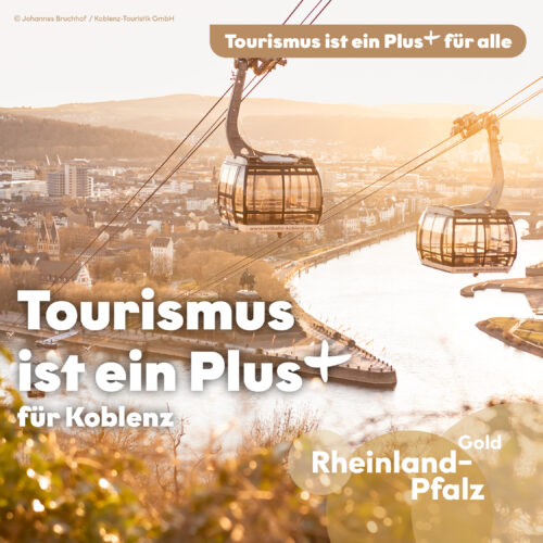 250806 RPT Informationsoffensive Koblenz_Instagram Kampagnenmotiv Tourismus ist ein Plus für Koblenz: Seilbahngondeln über Rhein und Mosel am Deutschen Eck.