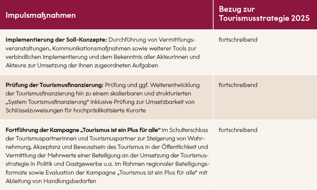 Infografik zu Impulsmaßnahmen der Tourismusstrategie 2025: Umsetzung von Soll-Konzepten, Weiterentwicklung der Tourismusfinanzierung und Fortführung der Kampagne „Tourismus ist ein Plus für alle“