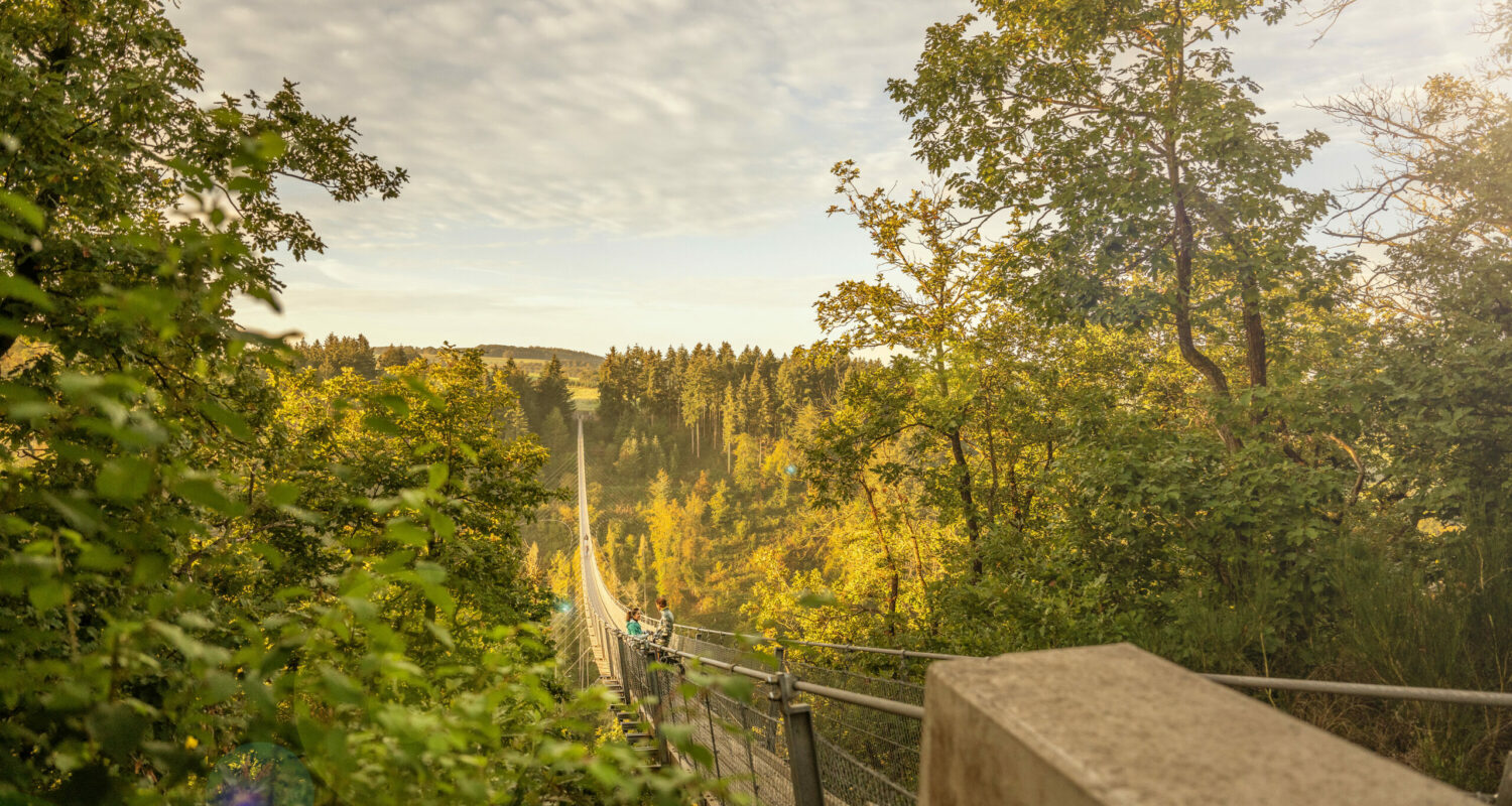 Radfahrer auf der Hängeseilbrücke Geierlay Radfahrer auf der Hängeseilbrücke Geierlay